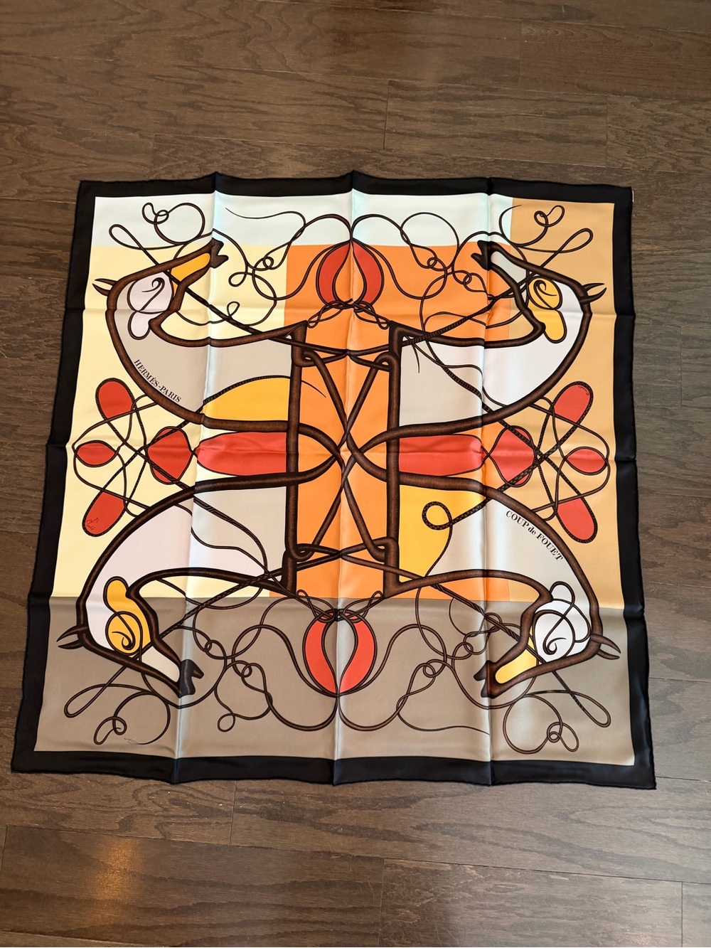 NWT Hermes Silk Scarf with Orange, Yellow & Brown Abstract Design